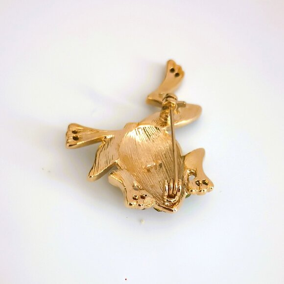 Liz Claiborne Leaping Frog Brooch Vintage Gold Tone Pin with Green Rhinestones - Picture 5 of 6